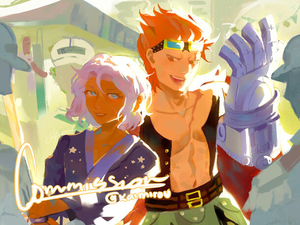 halfbody + extra person + dramatic lighting + complex bg